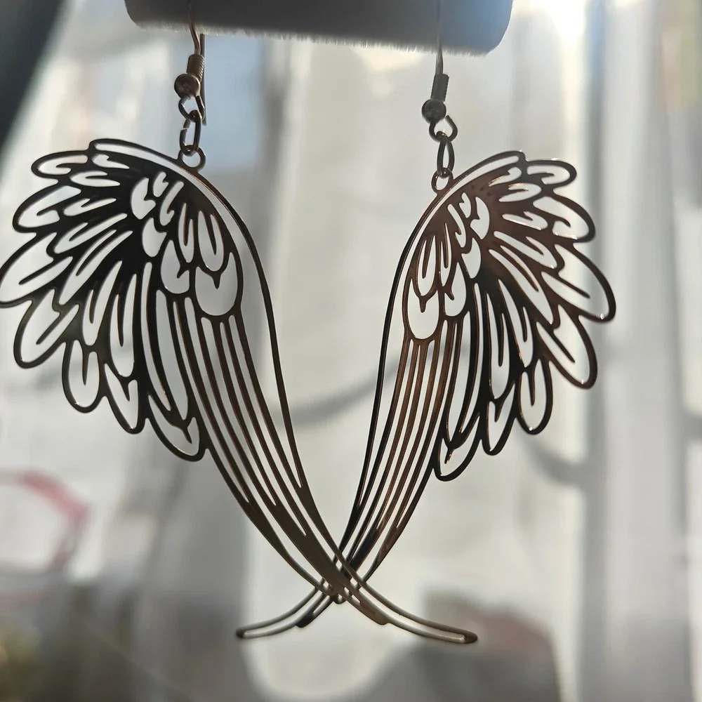 Gold Tone Angel Wing Earrings Large Long Filigree Cutout Dangle Drop Statement
